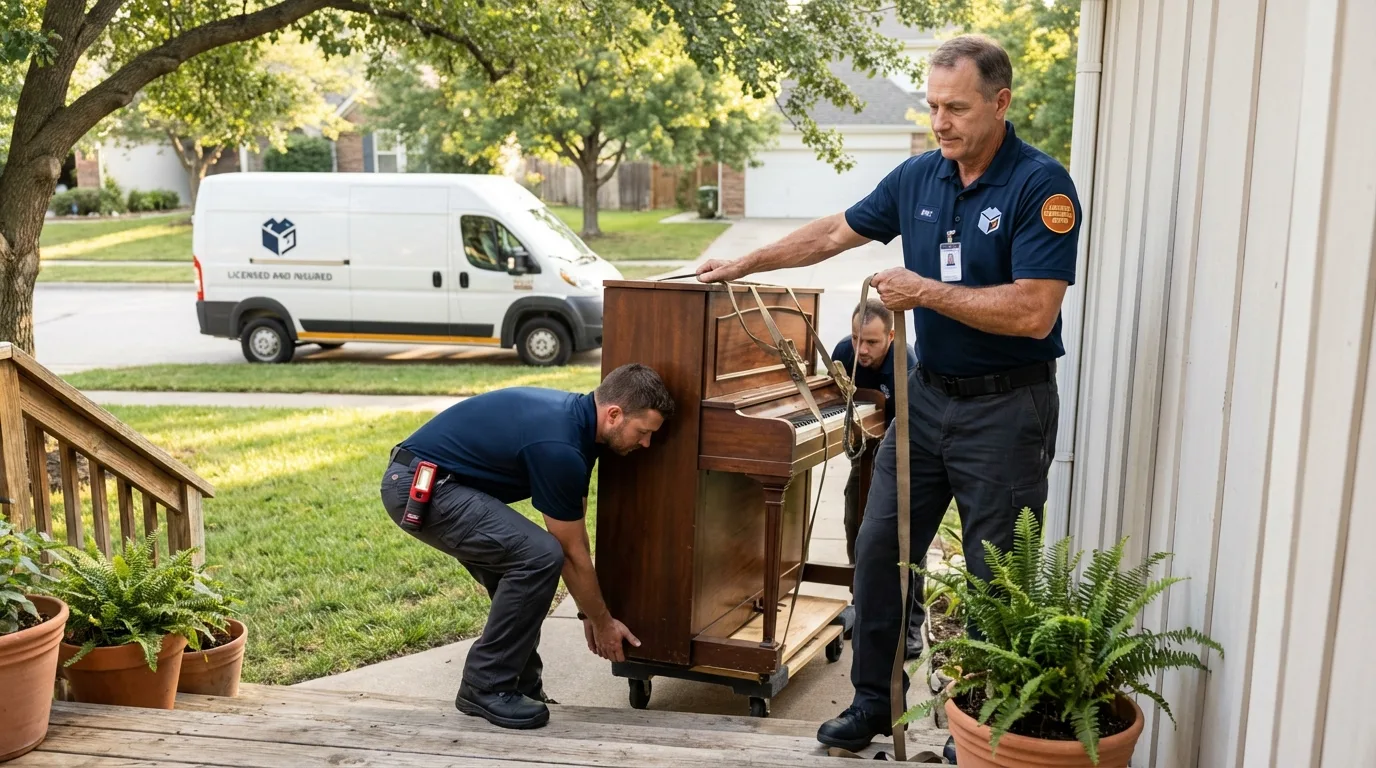 Licensed piano movers securing grand piano in South Bend, IN