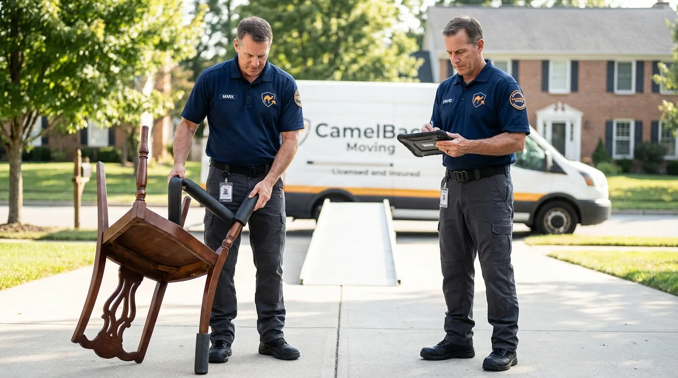 Movers inspecting furniture for damage prevention before loading in South Bend, IN