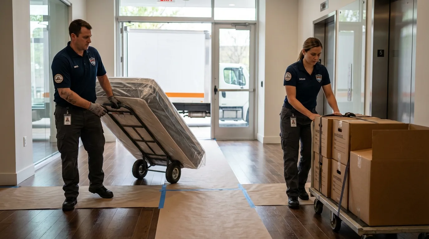 Professional apartment movers loading elevator in South Bend, IN