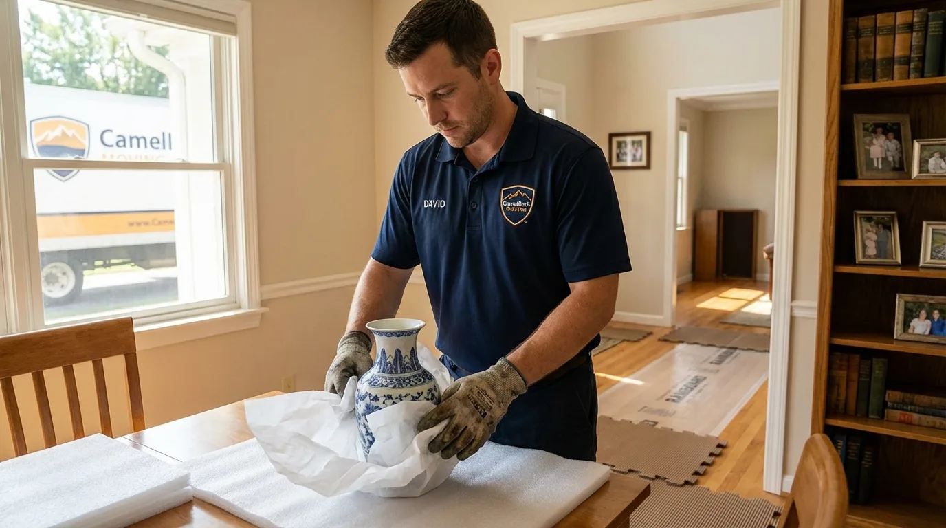 Professional crew carefully wrapping antique vase for senior downsizing move in South Bend, IN